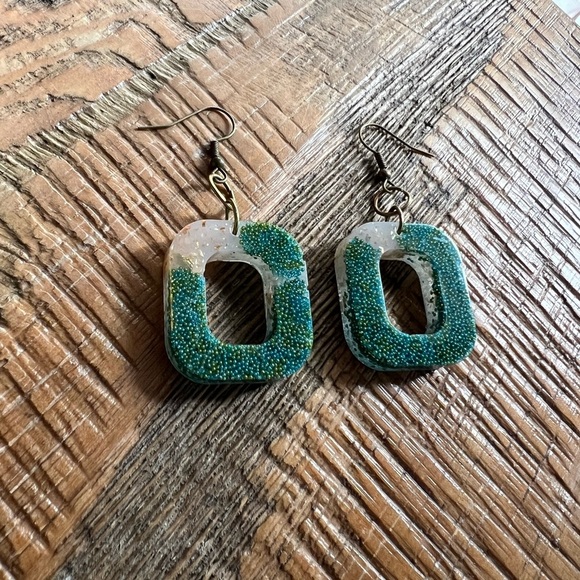 Teal & Clear Resin Rectangle Dangle Earrings - Picture 2 of 3